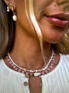 Handmade Rose Quartz & Garnet Pink & Brown Beaded Necklace Baroque Pearl Choker